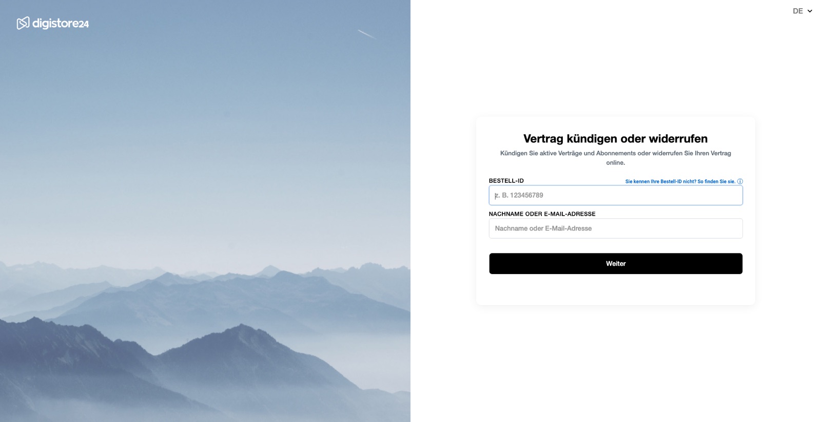 Die Widerruf-Seite von Digistore24: Digistore24-Seite mit dem Formular ‚Vertrag kündigen oder widerrufen' mit den Feldern Bestell-ID und Nachname oder E-Mail-Adresse sowie dem Weiter-Button