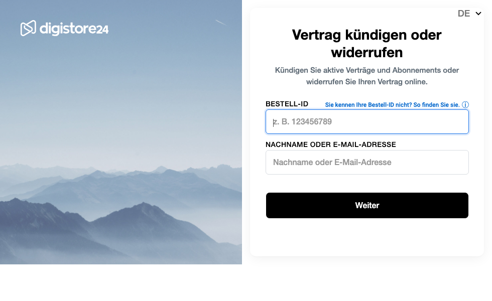 Die Widerrufsseite von Digistore24: zwei Eingabefelder für Bestell-ID und Nachname oder E-Mail-Adresse, darunter ein Weiter-Button.