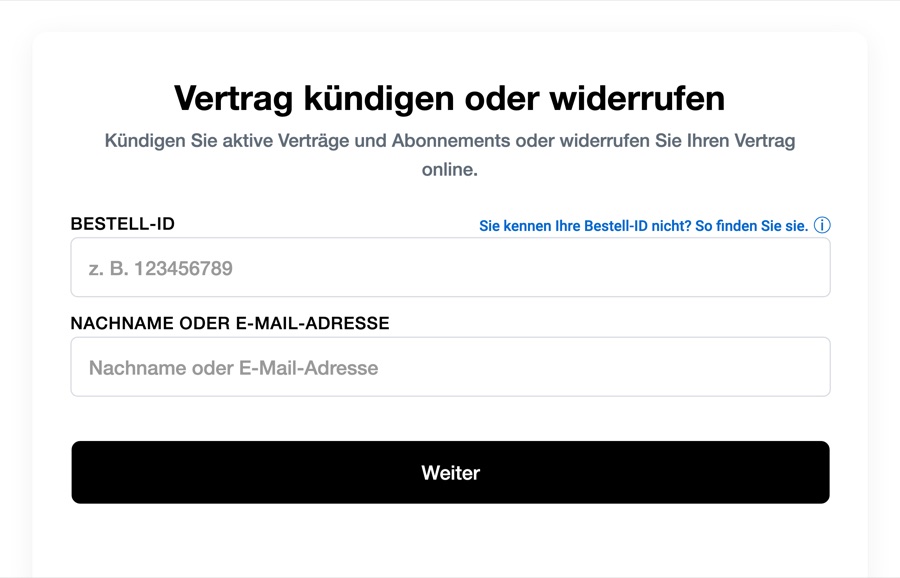 Das Formular von Digistore24: ein Feld für die Bestell-ID, ein Feld für Nachname oder E-Mail-Adresse, darunter der Knopf „Weiter“.
