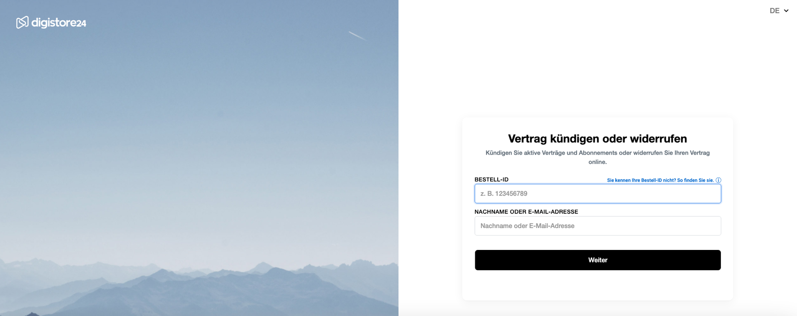 Die Widerruf-Seite von Digistore24: zwei Felder und ein Button